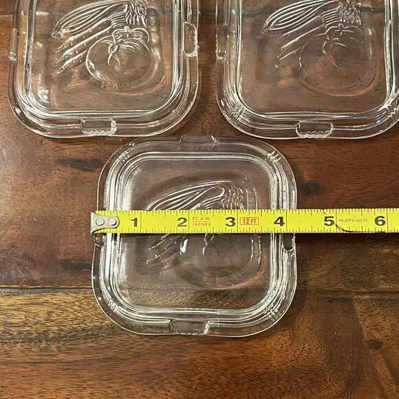 Vintage Clear Federal Glass Refrigerator Dish lids 4" Embossed Vegetables Set 3 - Picture 2 of 4
